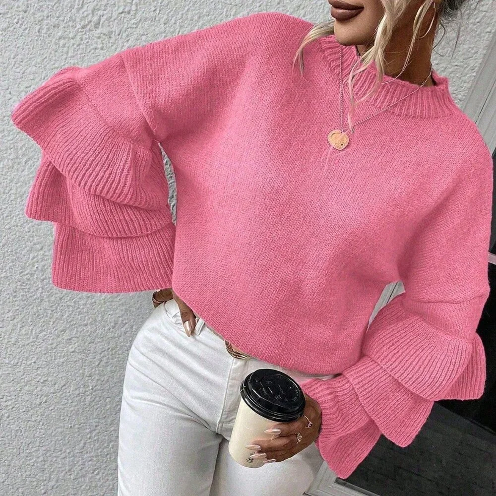 Pink Casual Women's Round Neck Patchwork Ruffle Flare Sleeve Sweater